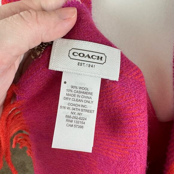 Coach Womens Wool and Cashmere Winter Scarf in Pink and Orange | Classic Fall - Picture 5 of 5
